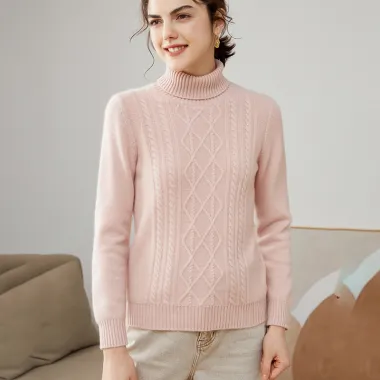 Women’s Cable-knit Turtleneck Cashmere Sweater · QH-003