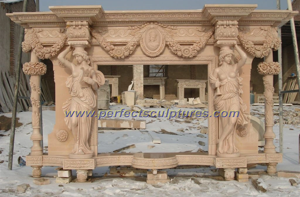 Female-figure carved fireplace mantel · QY-LS136
