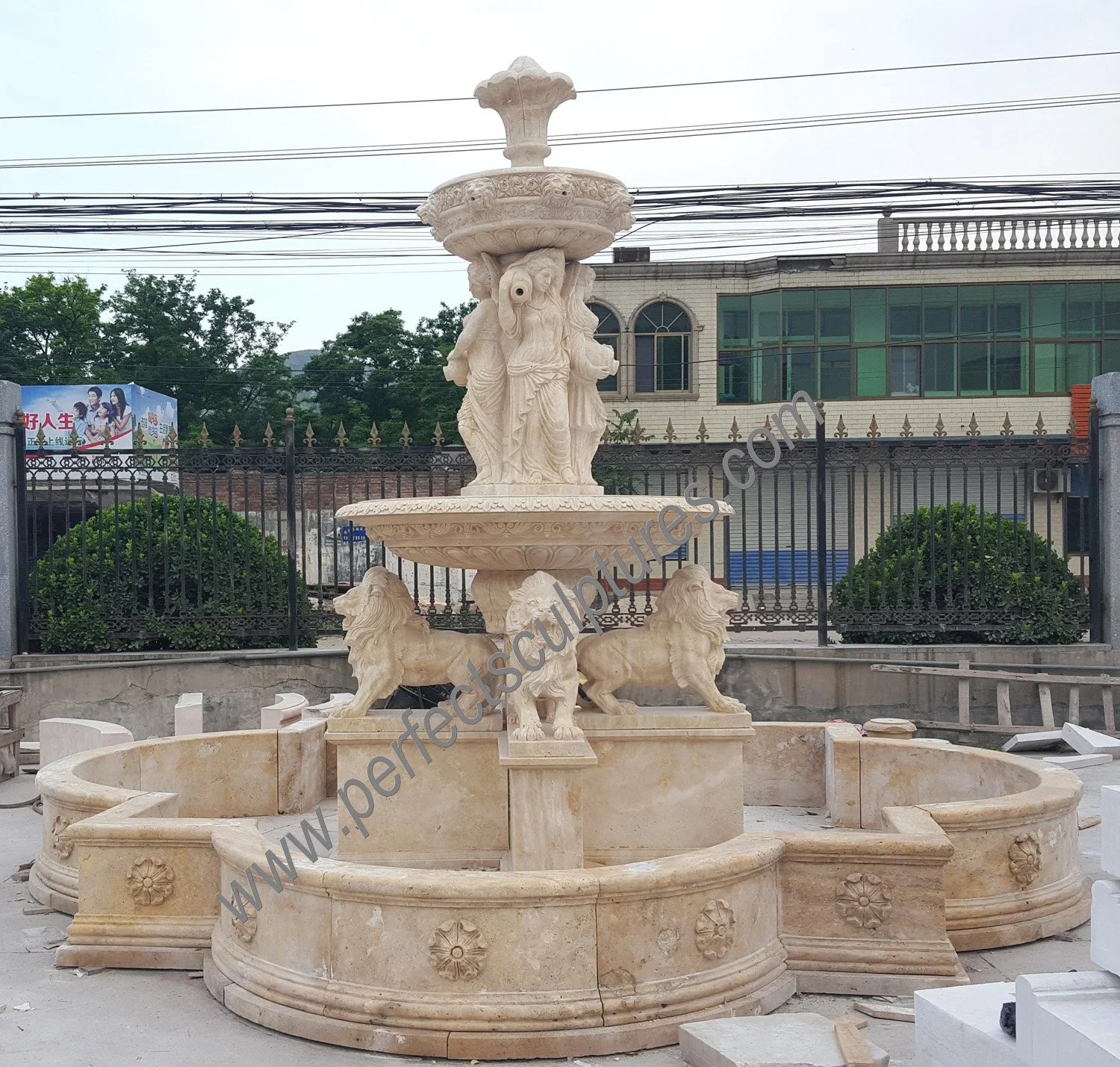 Lady-and-lion tiered garden fountain · SY-F356