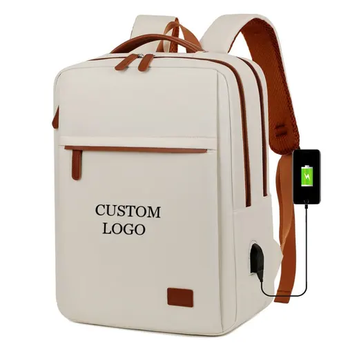 Ivory rectangular laptop backpack with brown trim · BG-MS-2124491105