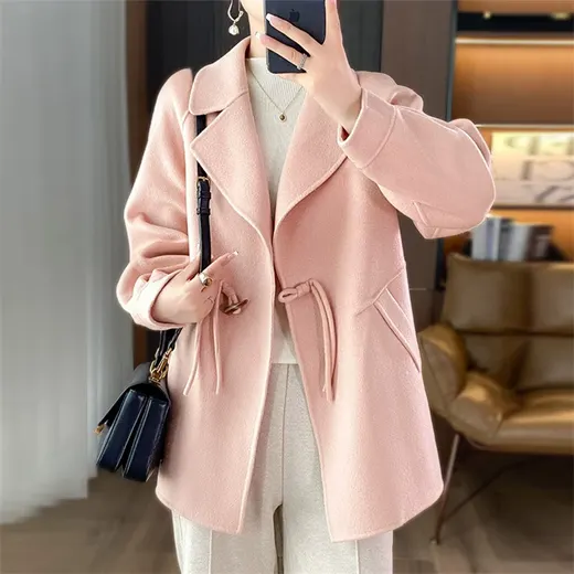 Mid-length lapel coat with drawcord waist · QH-022